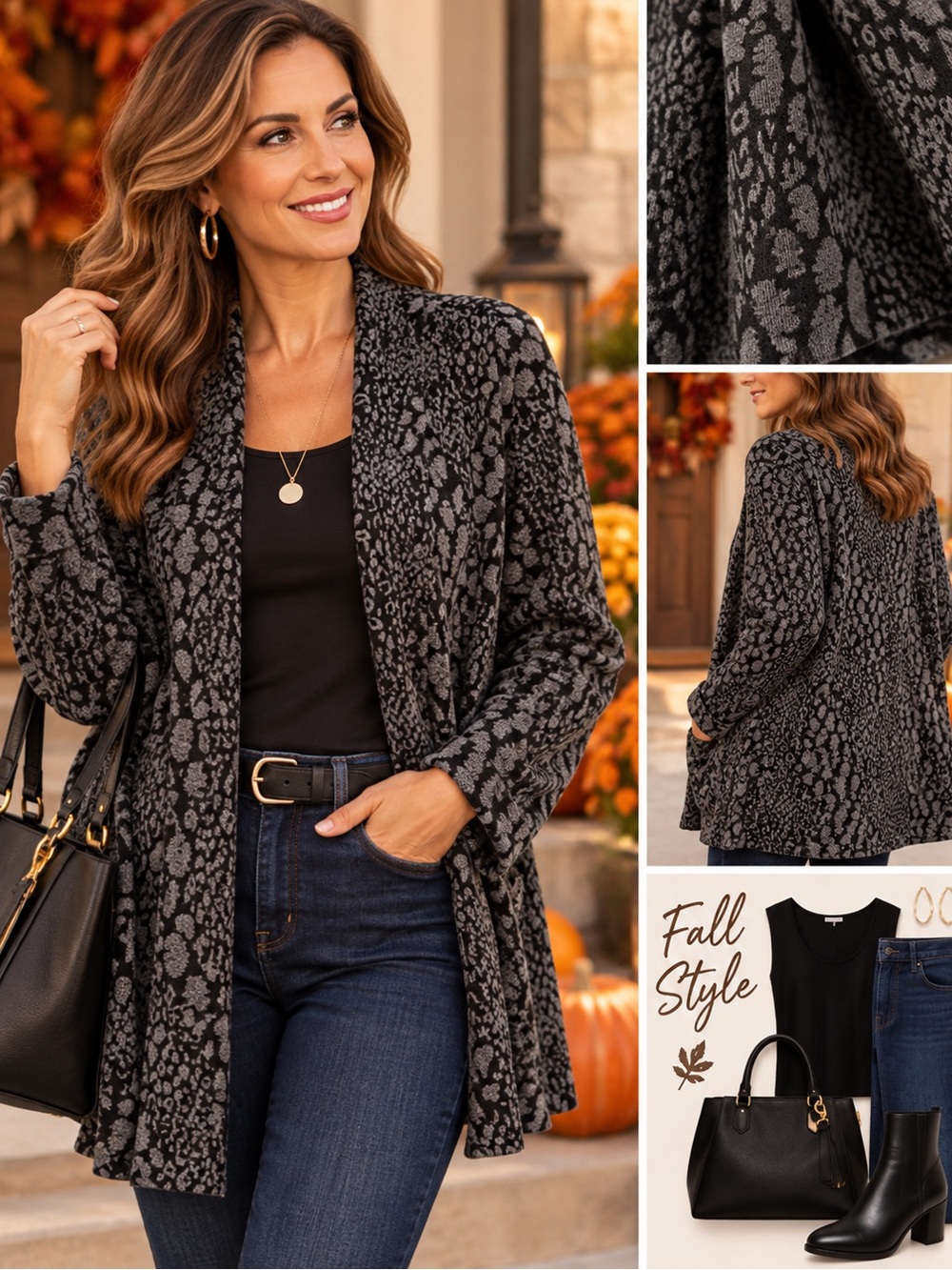 JM Collection Women’s Black Gray Animal Print Open Front Cardigan Sweater